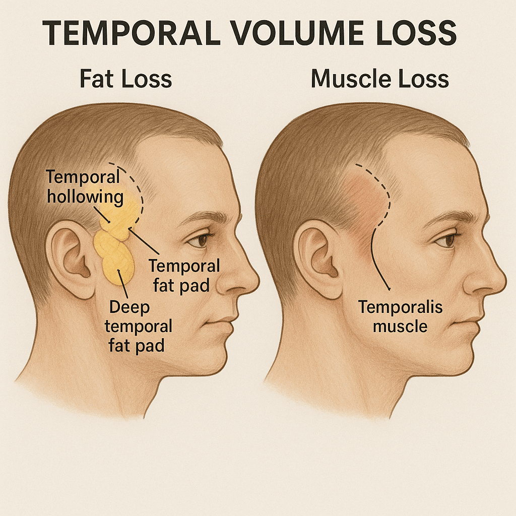 Example illustration of temple hollowing and temporal volume loss (educational).