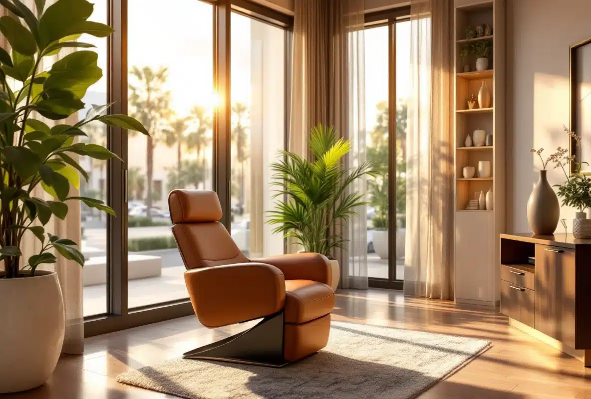 Premium private surgical consultation environment with cognac leather seating and warm Las Vegas afternoon light