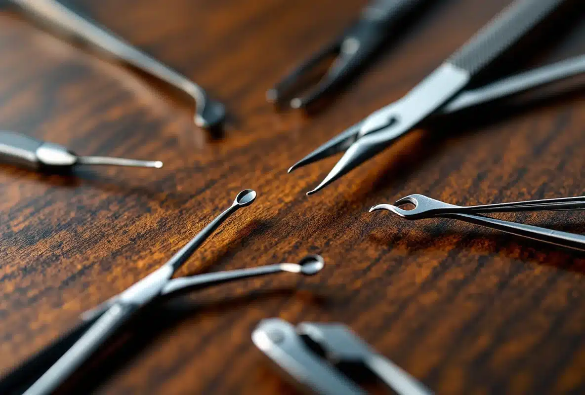 Close-up of precision facial plastic surgery instruments arranged on a dark walnut surface &mdash; fine forceps and micro-scissors used in functional rhinoplasty