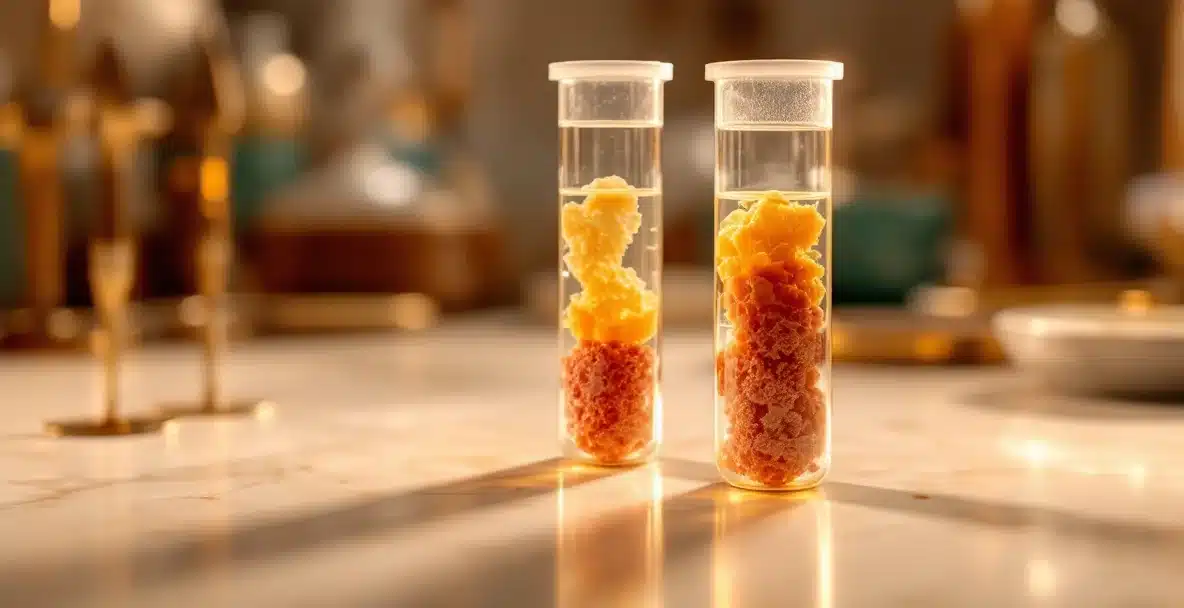 Editorial illustration of centrifuge tubes showing layered processed fat over a concentrated cellular pellet, representing centrifugation-filtration fat processing on warm creamy stone medical surface