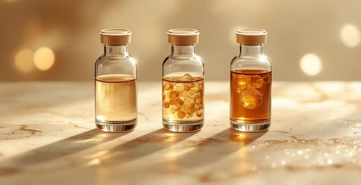 Editorial illustration of medical vials representing concentrated stromal vascular fraction, adipose-derived stem cells, and platelet-rich plasma used in fat graft enrichment