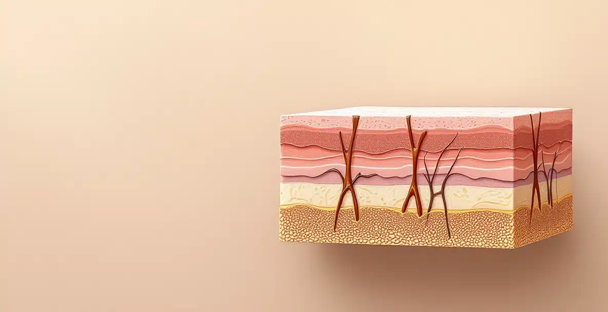 Layered tissue cross-section diagram showing skin, subcutaneous fat compartments, and the fibroseptal network of collagen strands that VASER ultrasound liposuction emulsifies and Renuvion helium-plasma skin tightening contracts &mdash; the dual-mechanism that drives skin retraction in Dr. Robert J. Troell's published technique.