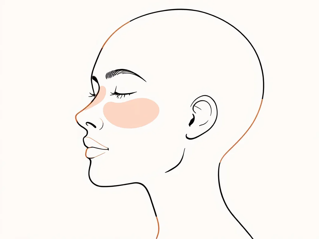 Line-art profile diagram with soft shaded zones over the cheek and temple showing the facial volume regions that deflate with rapid GLP-1 weight loss