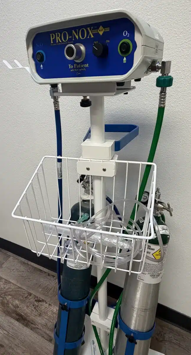 Pro-Nox patient-controlled nitrous oxide and oxygen system on a stand in Dr. Troell's Las Vegas clinic