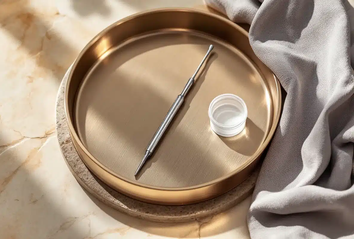 Sterile instrument tray with a blunt-tipped harvest cannula and specimen container, representing the adipose stem cell collection appointment at Troell Cosmetic Surgery in Las Vegas