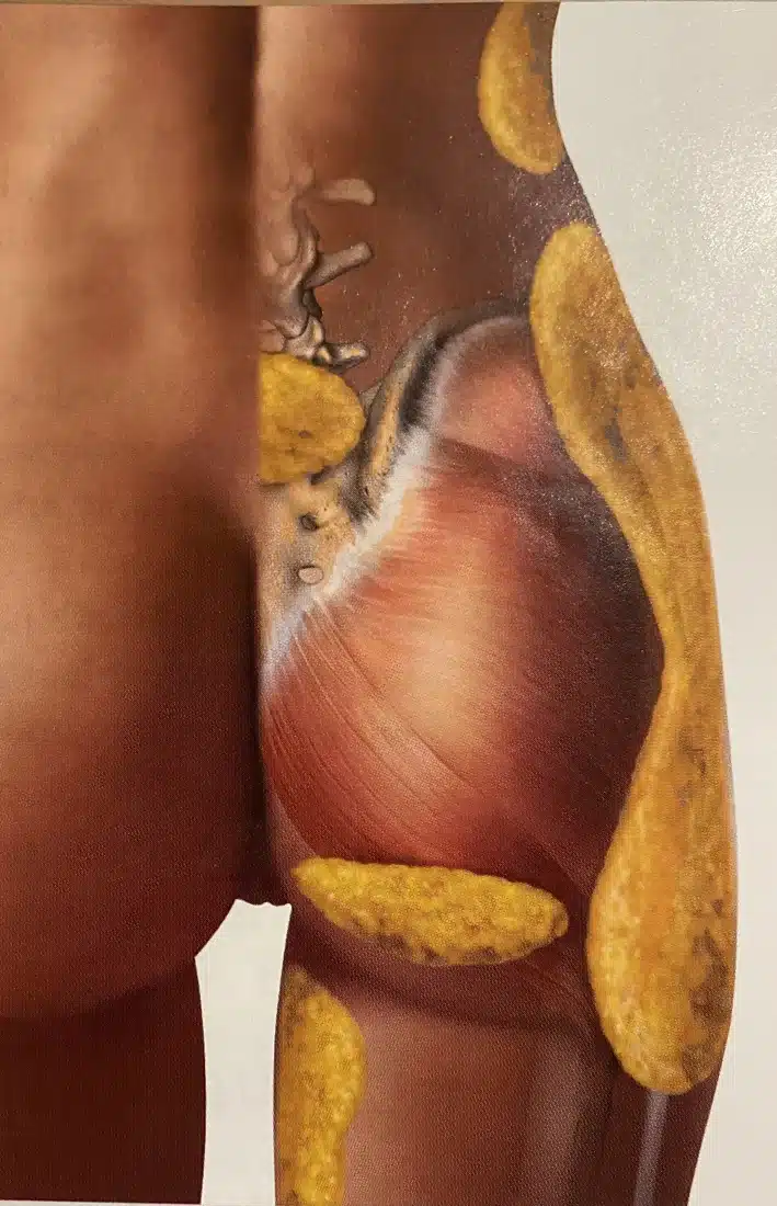 Anatomical illustration of buttock and thigh fat pad distribution over the gluteal muscle