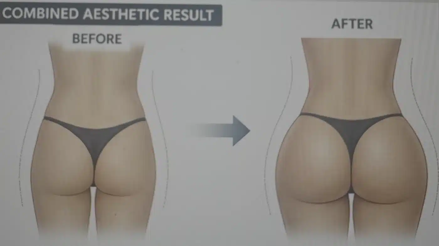 Render of a composite gluteal augmentation combined aesthetic result, before and after
