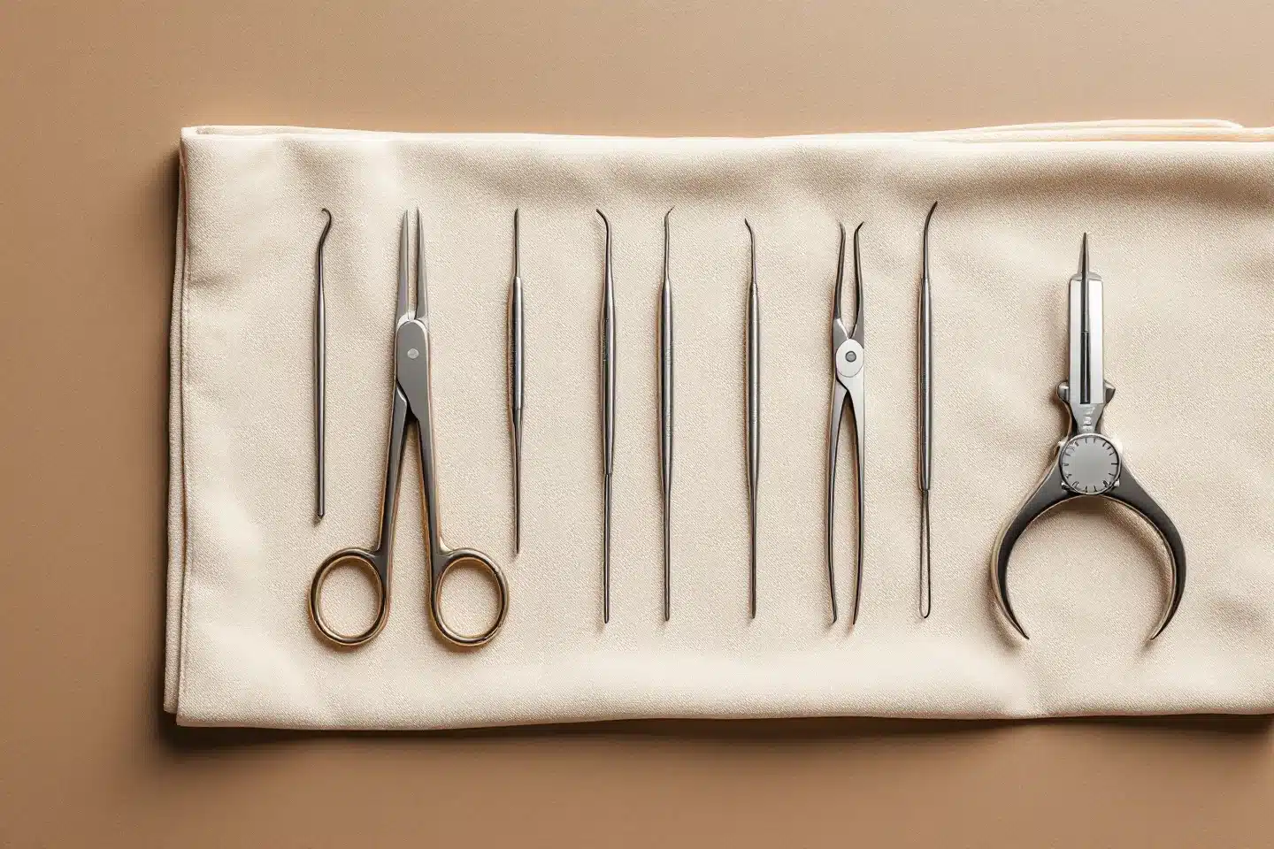 Editorial overhead still life of sterile stainless steel liposuction cannulas, forceps and a measuring caliper arranged on a cream surgical cloth, illustrating the instrumentation used in male body contouring of the flanks, upper abdomen and chest at Troell Cosmetic Surgery & Facial Plastic Clinic, Las Vegas. Illustrative artwork &mdash; not a photograph of an operating room or a patient.