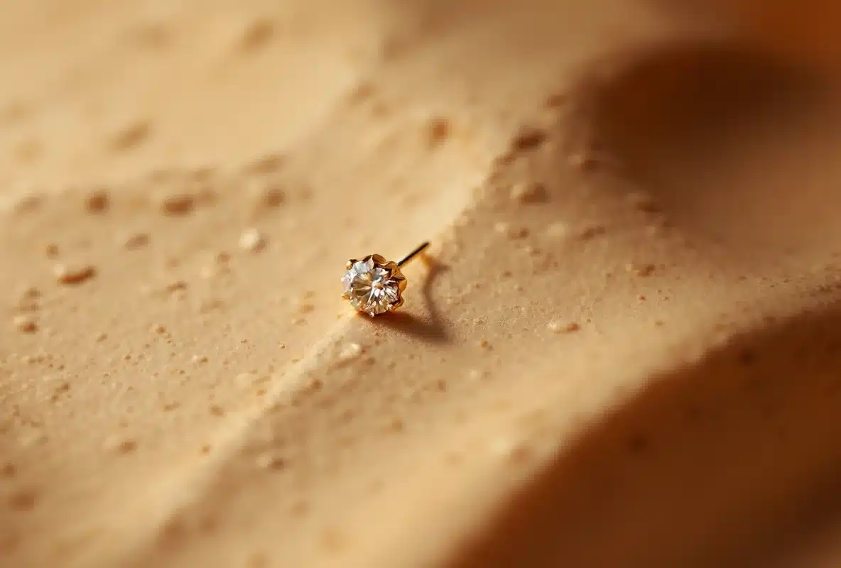 Arete de oro sobre piedra c&aacute;lida que representa la reparaci&oacute;n del l&oacute;bulo de la oreja en Troell Cosmetic Surgery, Las Vegas