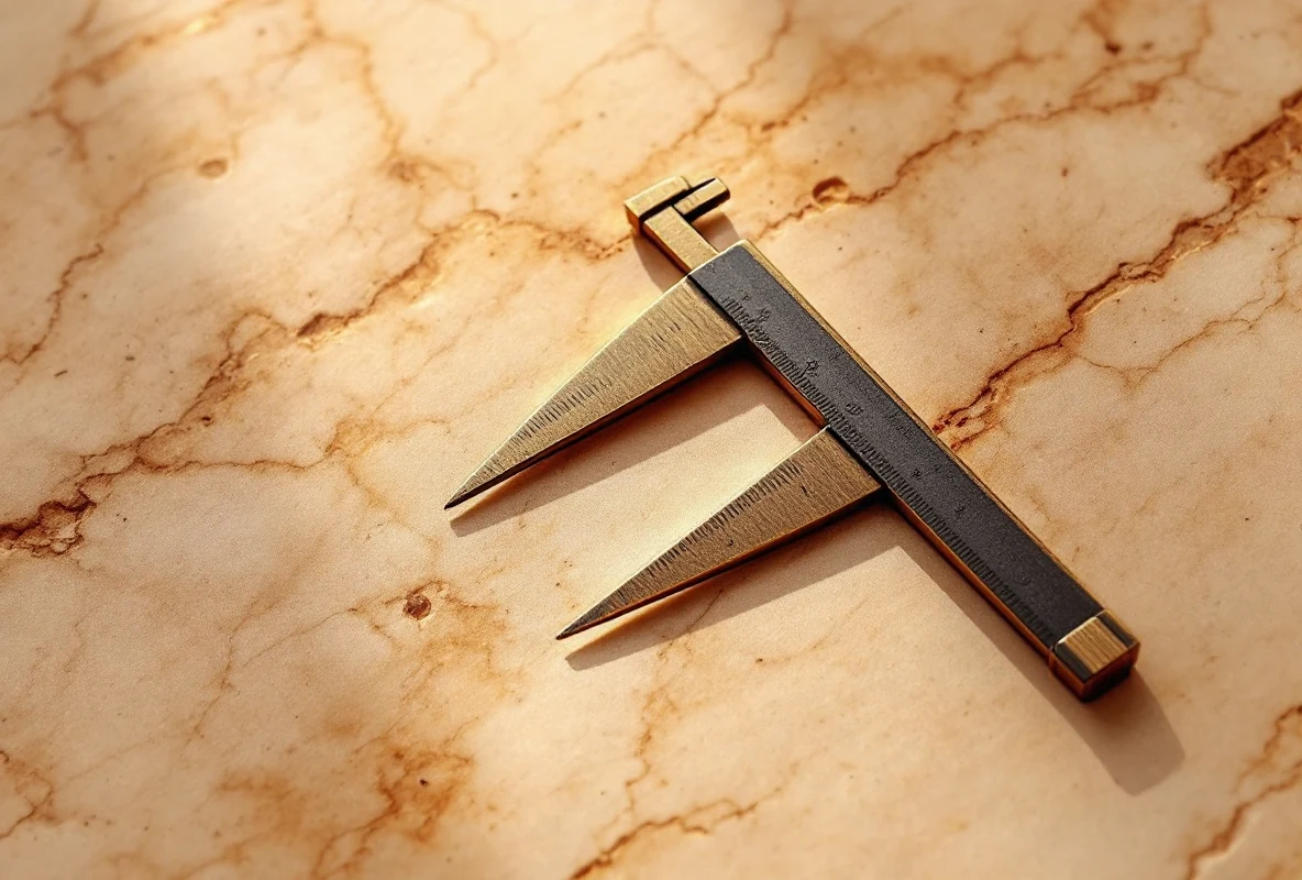 Fine brass proportion calipers on warm marble, representing the millimeter-precise aesthetic proportion of lip lift surgery at Troell Cosmetic Surgery, Las Vegas