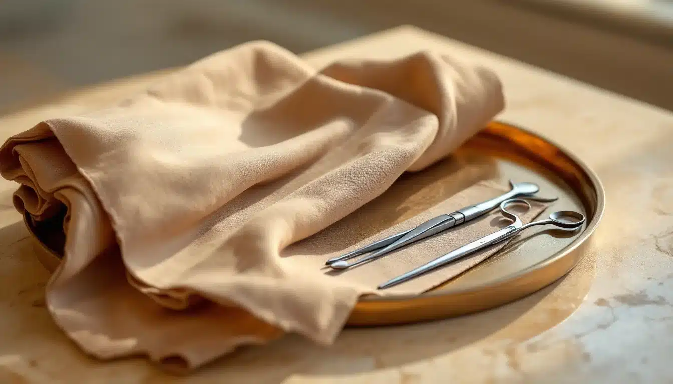 Folded warm linen beside precise surgical instruments on a bronze tray representing FTM top surgery at Troell Cosmetic Surgery, Las Vegas