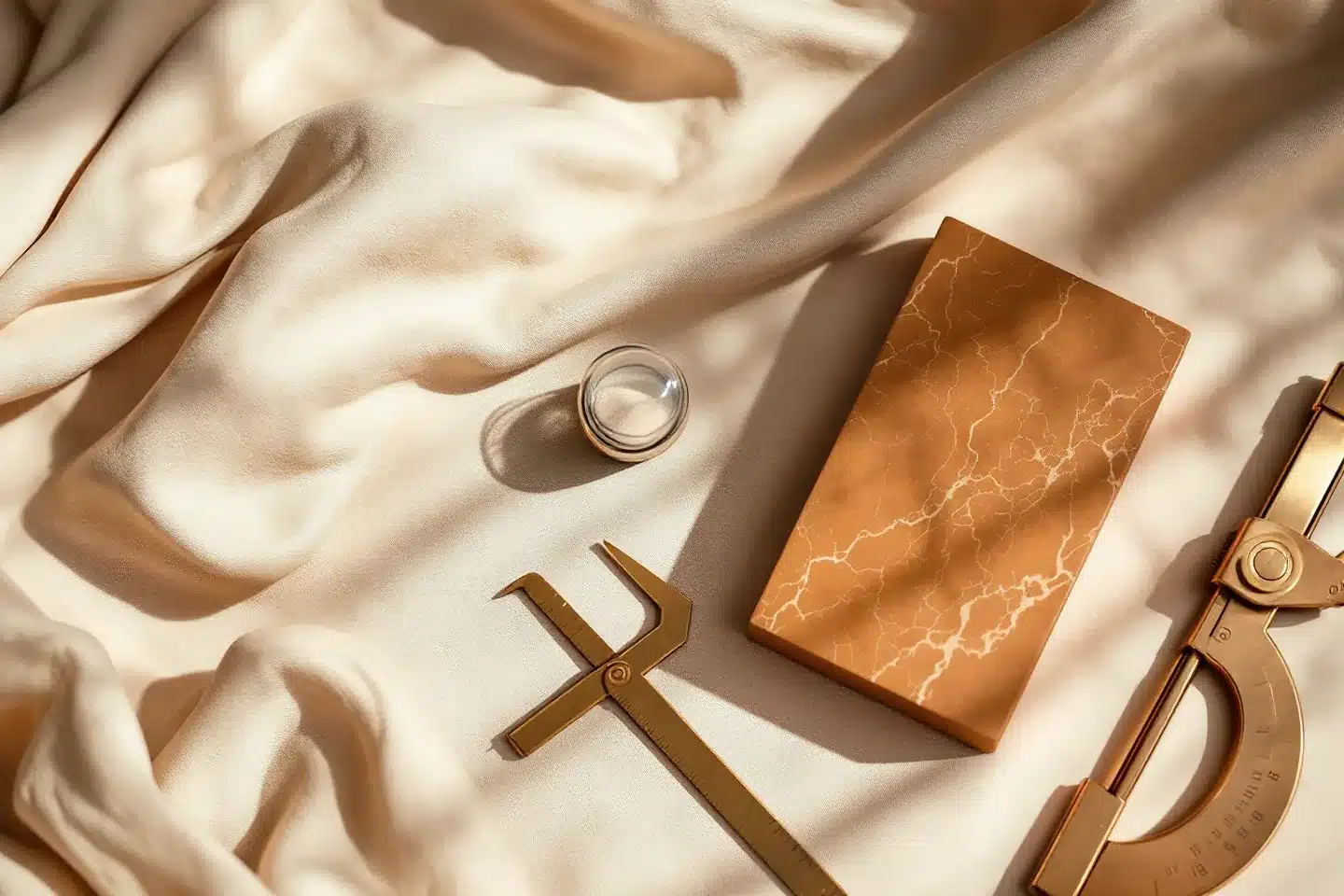 Editorial still life of brass measuring calipers and a carved stone block on warm cream cloth, illustrating that the choice between neuromodulator masseter reduction and structural surgery is decided by measurement and anatomy at Troell Cosmetic Surgery & Facial Plastic Clinic, Las Vegas. Illustrative artwork &mdash; not a photograph of a patient or an operating room.