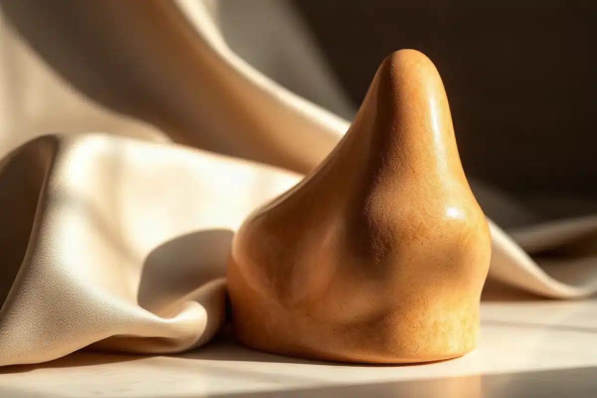 Sculptural nasal-bridge form in warm travertine stone representing ethnic rhinoplasty at Troell Cosmetic Surgery, Las Vegas