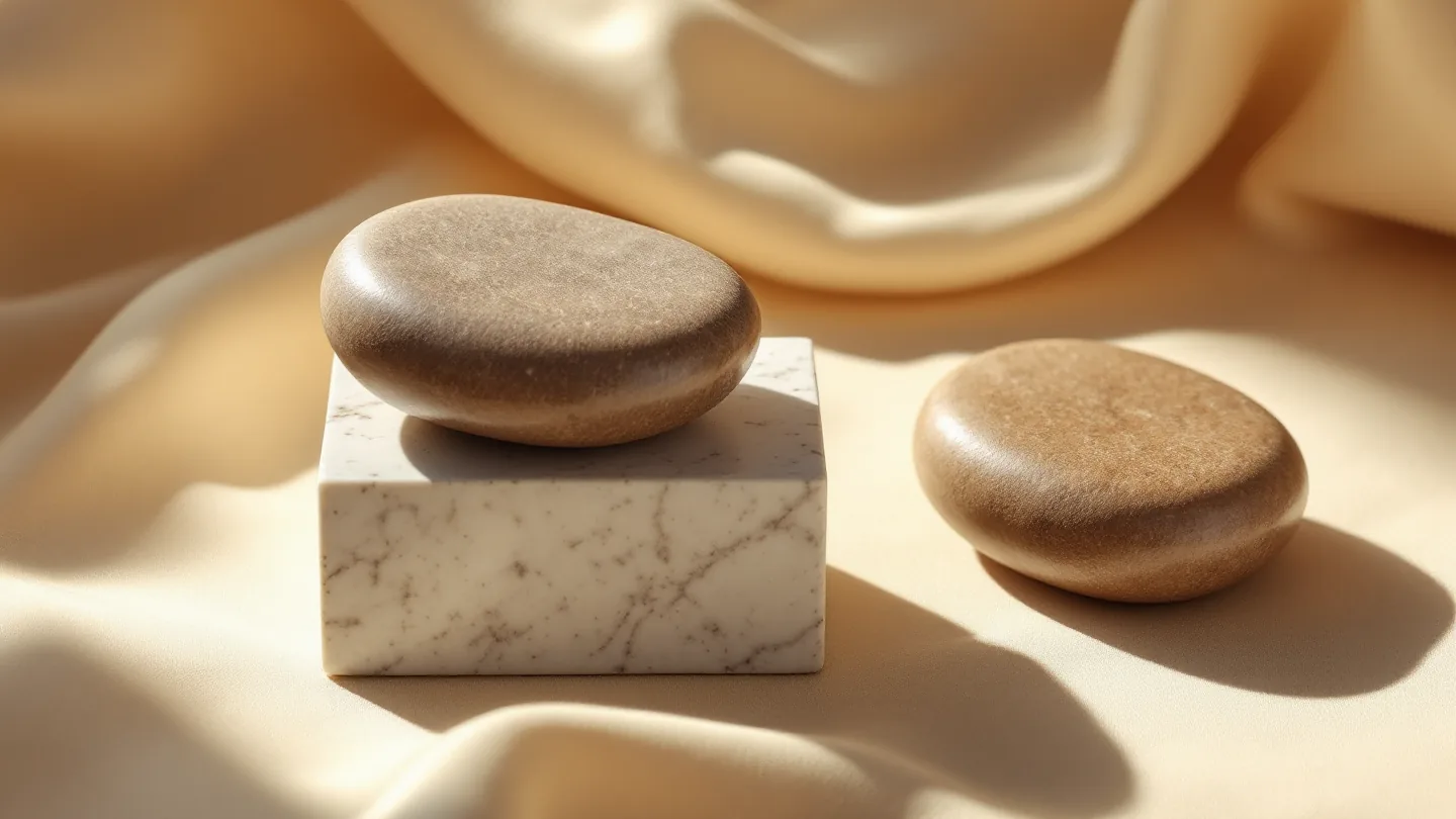 Two smooth stone forms resting on warm linen, one raised on a low plinth &mdash; editorial illustration for cheek implants at Troell Cosmetic Surgery, Las Vegas