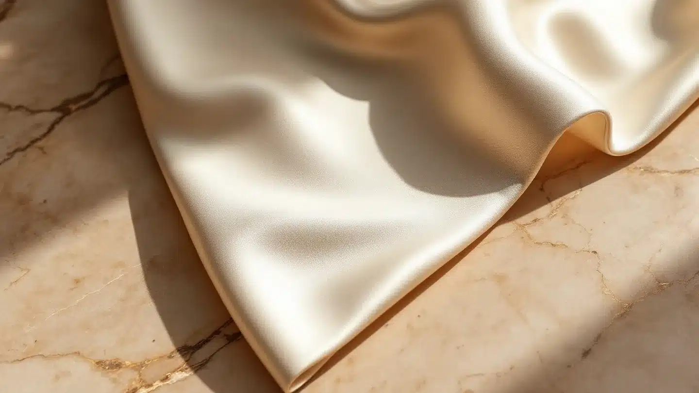 Heavy cream silk drawn upward off warm stone, one edge lifting clear of the surface while the rest lies flat &mdash; editorial illustration for cheek lift and midface lift surgery at Troell Cosmetic Surgery, Las Vegas