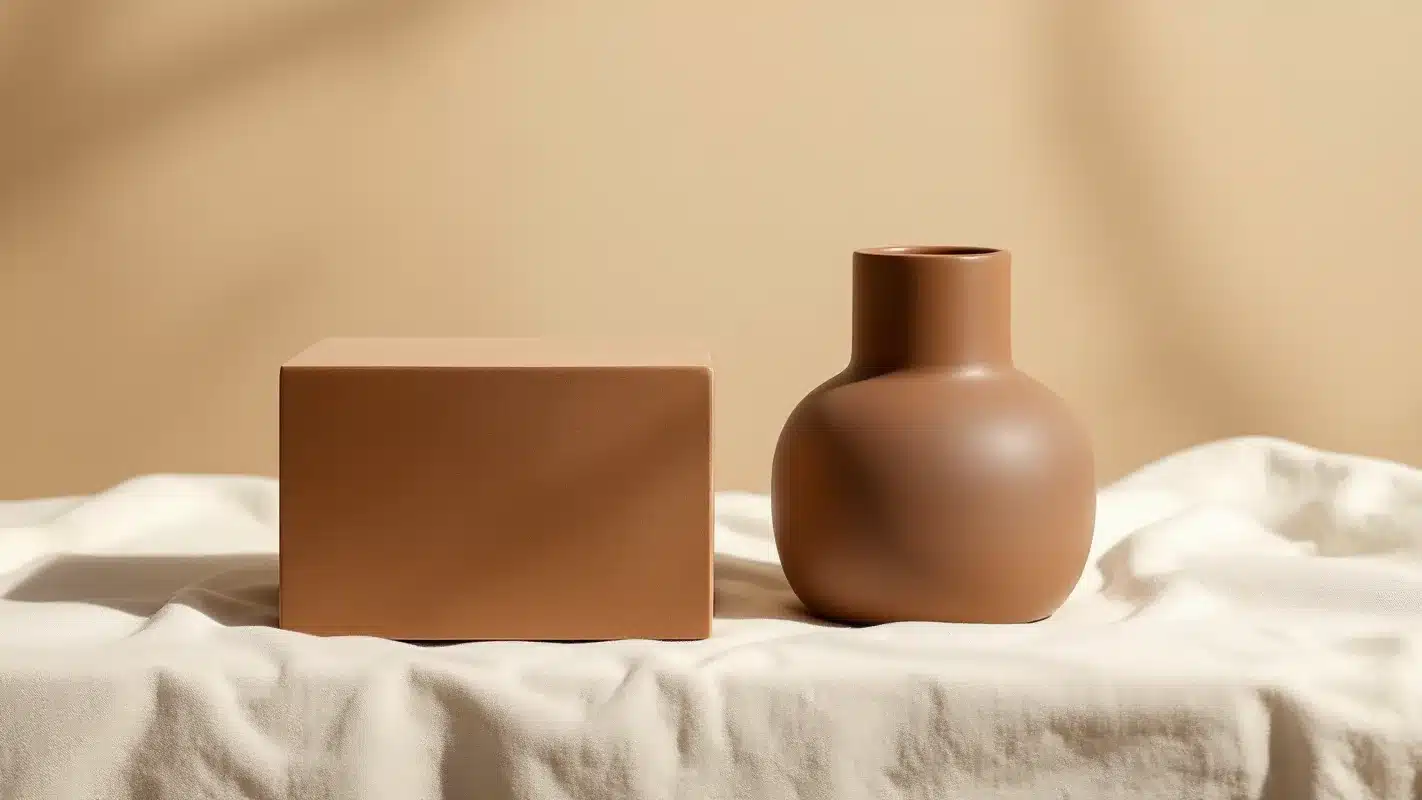 Dos formas de arcilla mate sobre lino crema, una ancha y cuadrada y otra m&aacute;s estrecha y afinada &mdash; ilustraci&oacute;n editorial para la cirug&iacute;a de reducci&oacute;n del masetero en Troell Cosmetic Surgery, Las Vegas