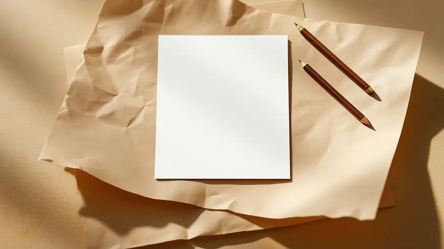 A single blank sheet of paper laid over a discarded draft on a warm stone surface &mdash; editorial illustration for revision rhinoplasty at Troell Cosmetic Surgery, Las Vegas