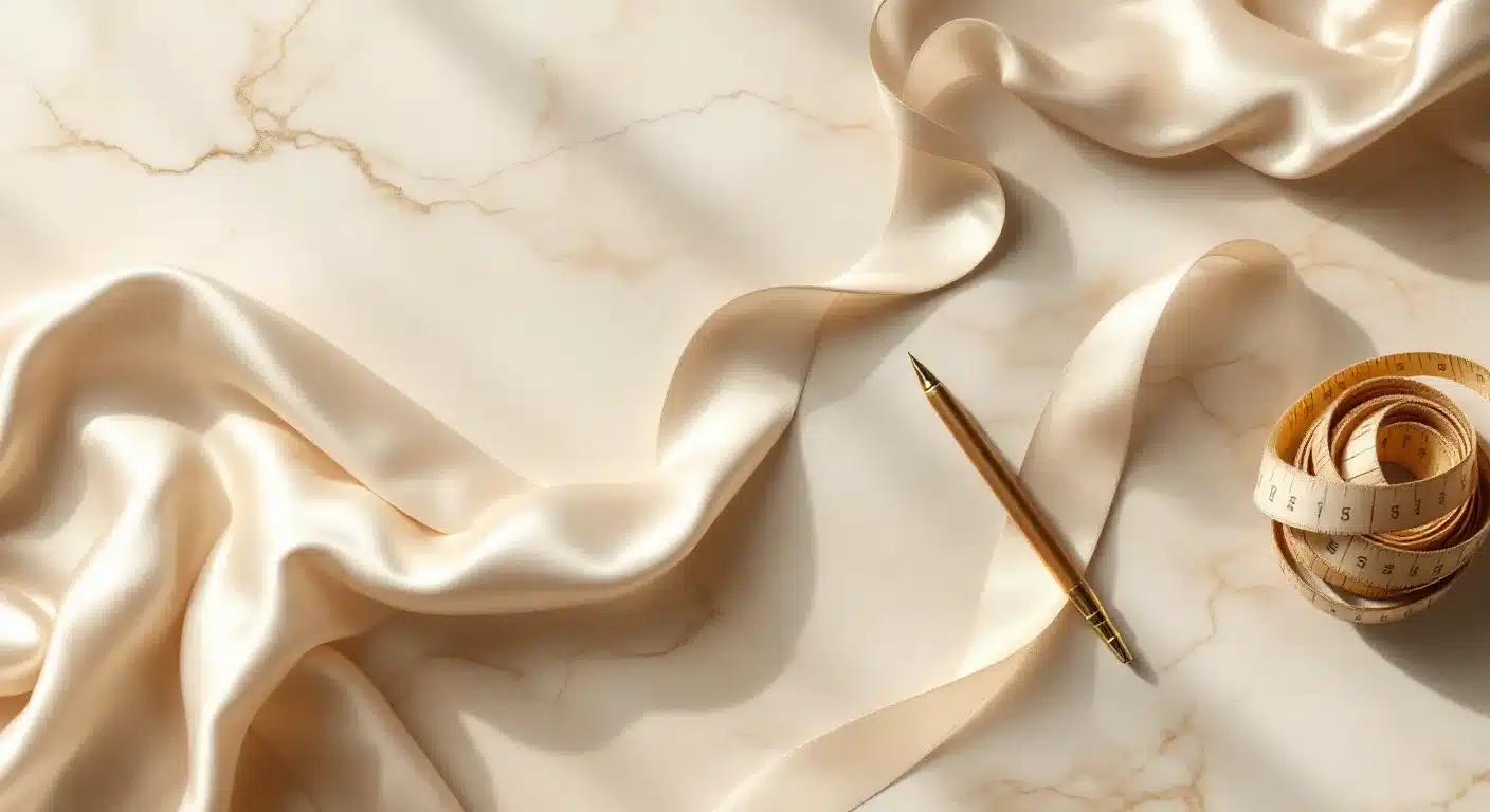 Cream silk released from a loosened satin ribbon beside a measuring tape &mdash; editorial illustration for tuberous breast correction at Troell Cosmetic Surgery, Las Vegas